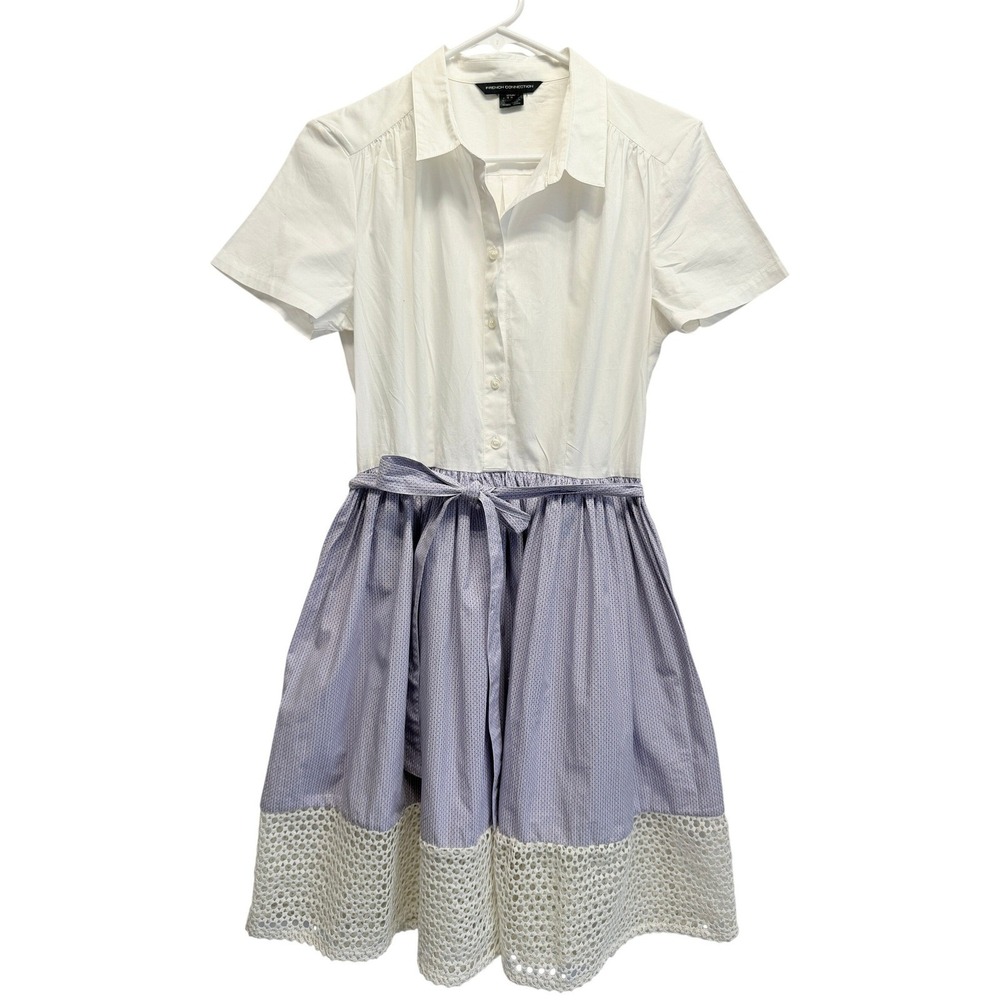 French Connection Shirt Dress Crochet Lace Hem Size 8 Blue White Women
